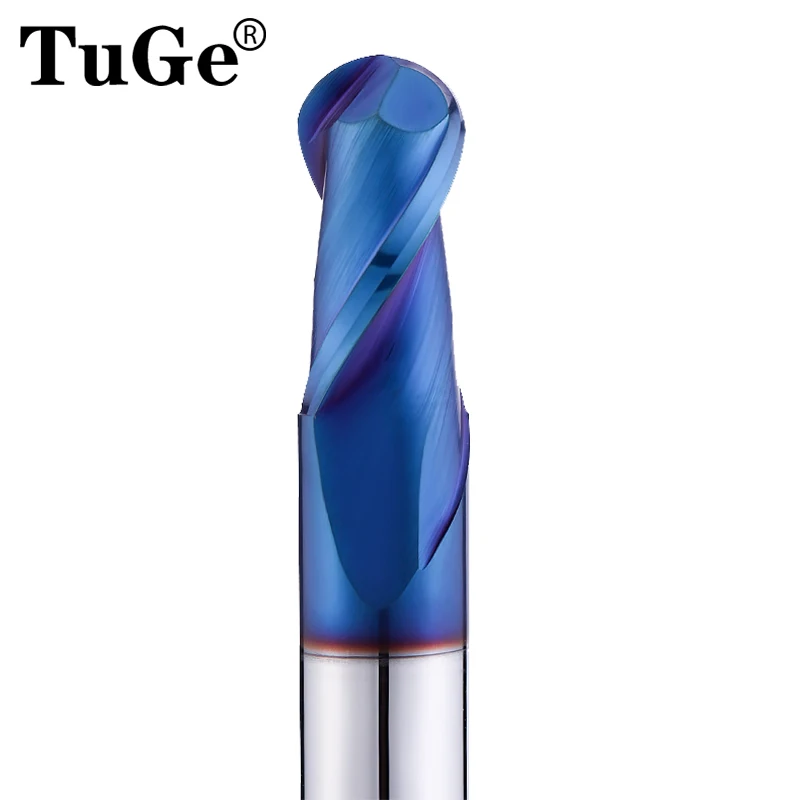 TUGE Cutting HRC65 2 Flute Tungsten Steel Milling Cutter R2 R3 R4 Blue nano coating Milling Tools Ball Nose End Mill For Metal