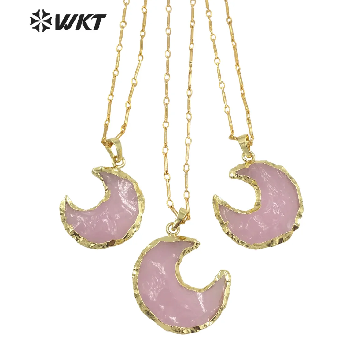 

WT-N1349 WKT New Arrival Natural Gemstones Moon Shape Pink Opal Pendant Necklace Pink Quartz Necklace Rose Crystal Lady Jewelry