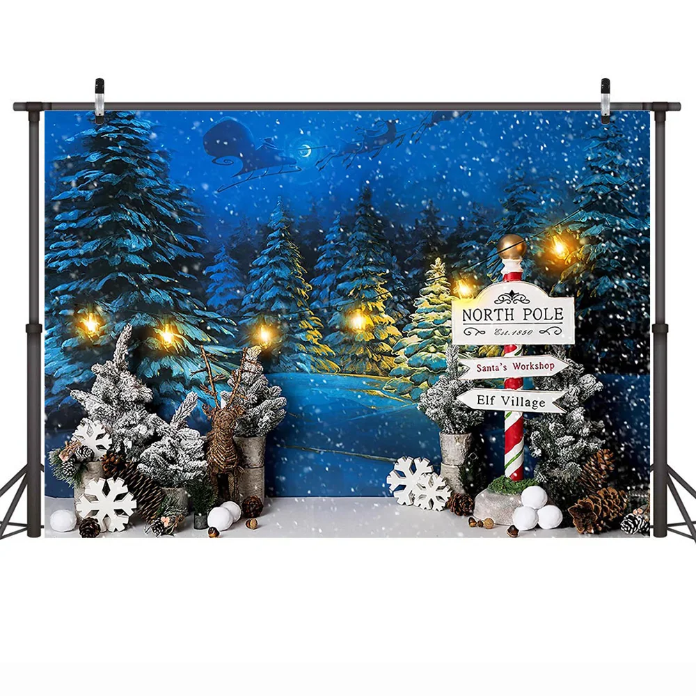 Fondo de fotografía de noche de nieve de Navidad fondo de fotografía de cumpleaños de invierno de Navidad Pino ensueño Santa trineo luz accesorios para sesión fotográfica