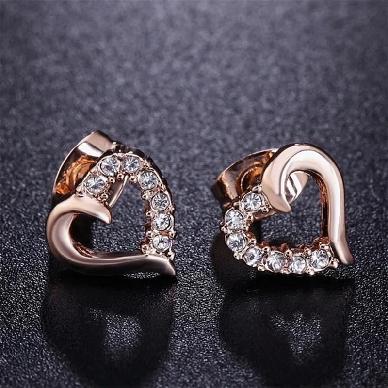 Cute Love Heart Crystal Rose Gold Color Stud Earrings Fashion CZ Dimond Jewelry Earings For Women Wholesale Brincos