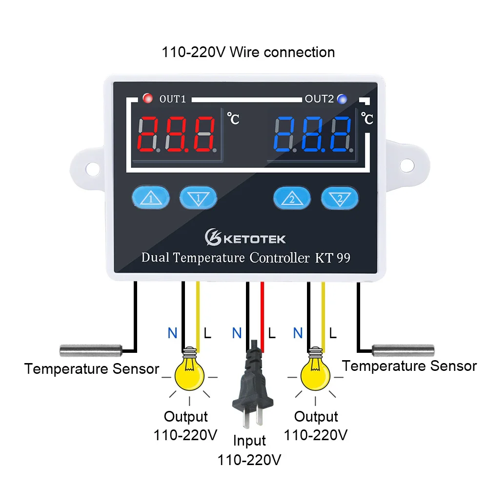 KT99pro AC 110-220V Digital Thermometer Incubator Thermostat Temperature Controller Sensor Heating Cooling With Dual Probe