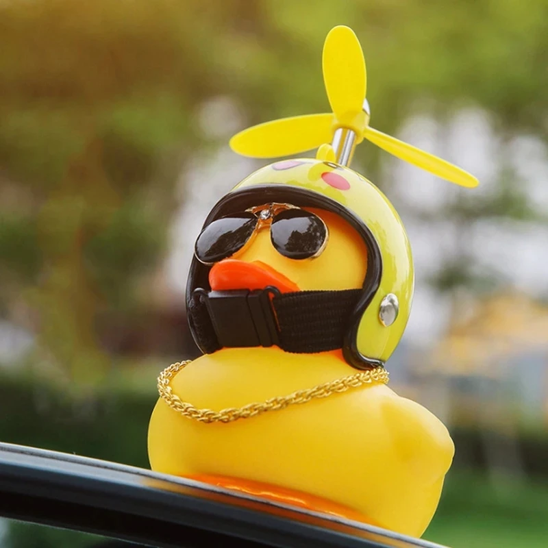 Duck Toy Car Ornaments Yellow Duck with Propeller Helmet Car Dashboard Decor Squeaking Glowing Rubber Duck Toys for Adults Kids