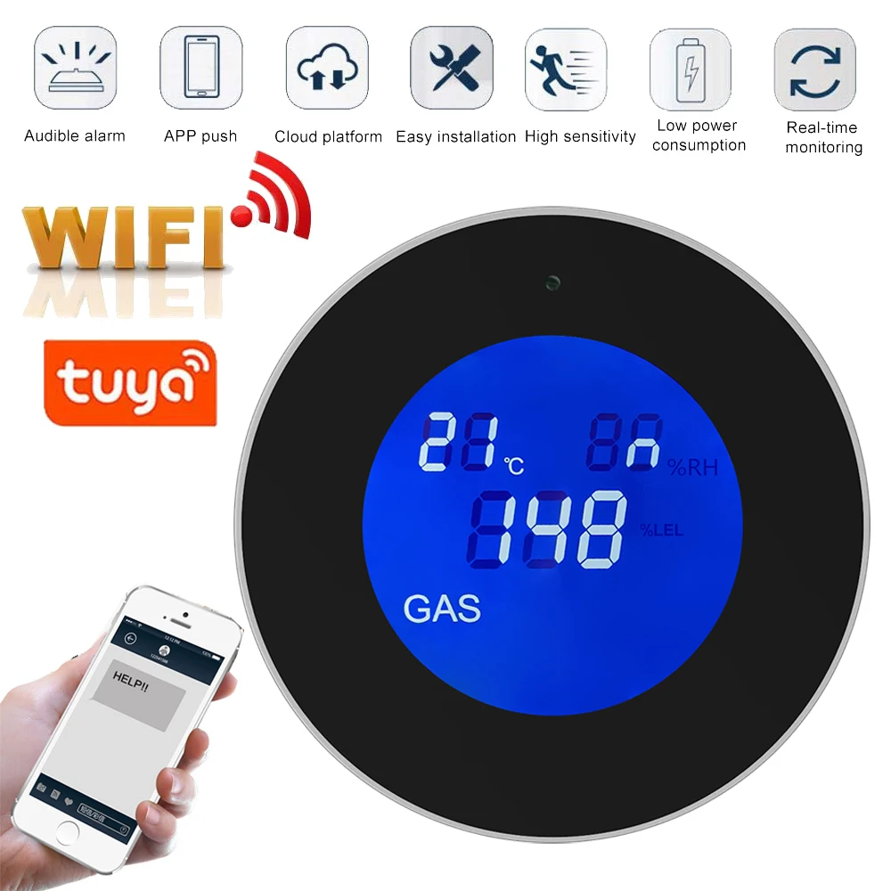 Tuya Wifi Smart Natural Gas Alarm Sensor With temperature function Combustible Gas Leak Detector LCD Display Smart Life App