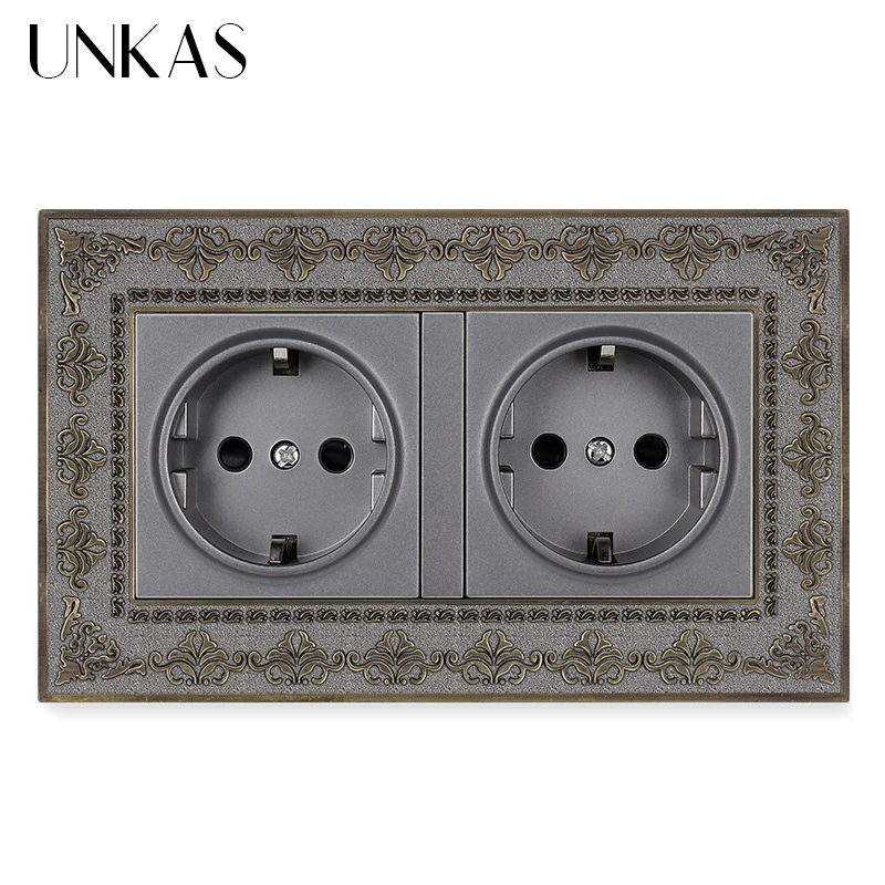 

UNKAS Dual EU Standard Wall Power Socket 146MM*86MM 4D Embossing Zinc Alloy Panel Outlet Grounded With Child Protective Lock