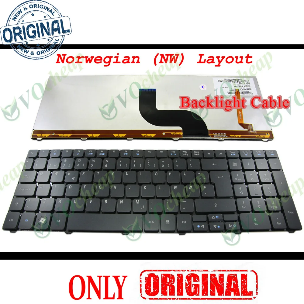 New NW Notebook Laptop Keyboard for Acer Aspire 5810 5810T 5410 5536 5536G 5738 5740 8935 8940 Backlit Black Norwegian NSK-AN00N