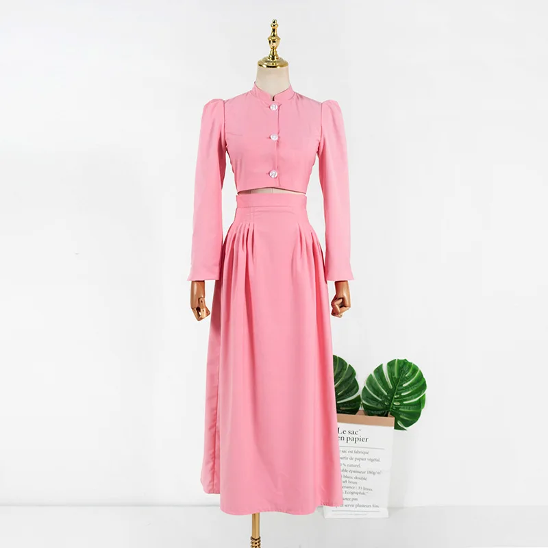 kpop Korean Singer summer fashion new pink long sleeved short shirt tops + loose elegant High waist skirt women two piece set