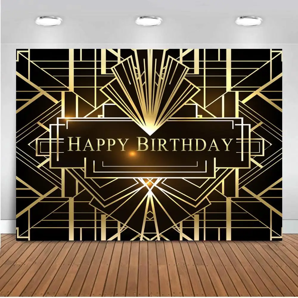 Custom Adults Birthday Party Backdrop Black Golden Great Gatsby Banner Tasteful Photo Background Wall Setter Poster Decoration