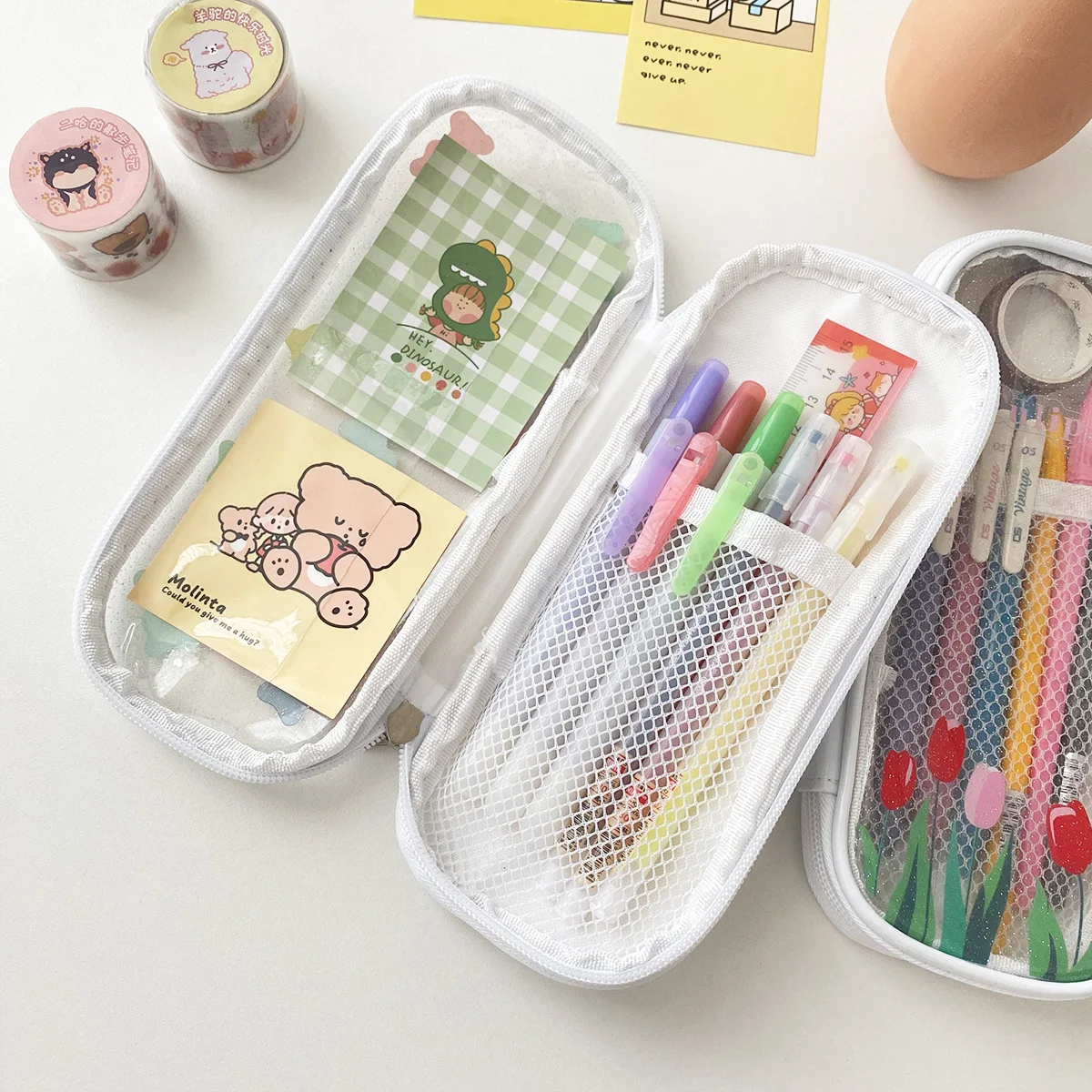 Sharkbang Tulip Bear Cherry Transparent Pen Bag Mesh Net Pouch Glitter Storage Case Brush Holder Birthday Gift School Stationery