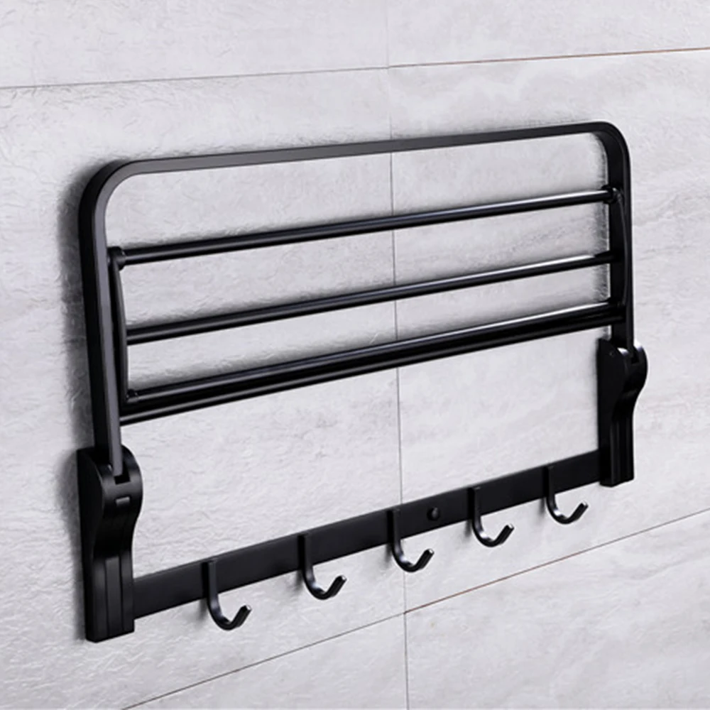 TAICUTE Towel Rack Shelf with Hooks Movable Bar SUS 304 Stainless Steel Holder Wall Mount Bathroom Accessories Black