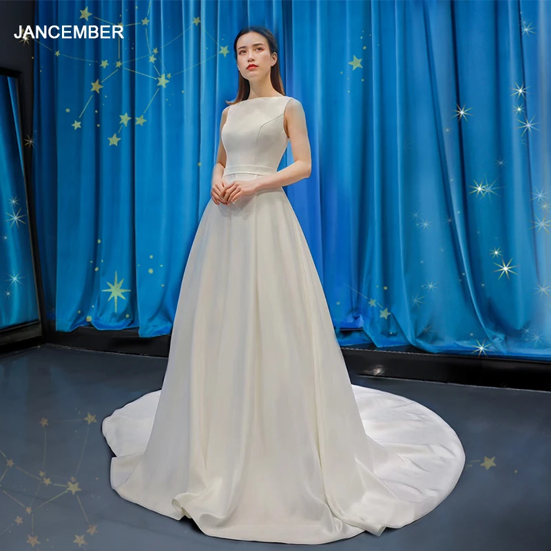 J66835 jancember cheap boho wedding dress 2020 boat neck sashes floor length white a line wedding dress vestido noiva princesa