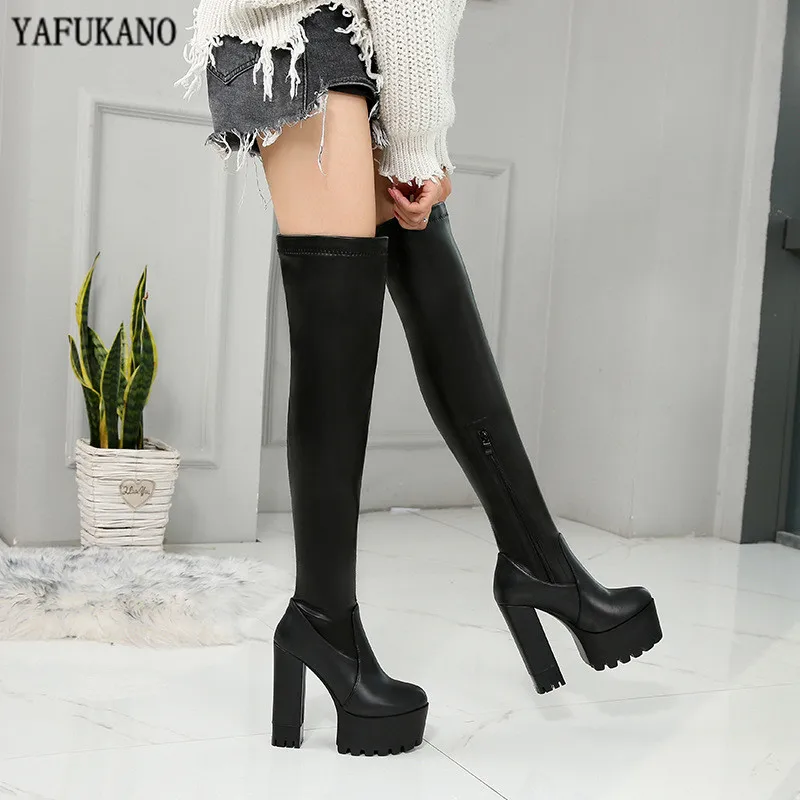 

14Cm Square Heel Long Boots Over-The-Knee Womens Boots High Heel Stovepipe Stretch Boots Sexy Waterproof Platform High Heels