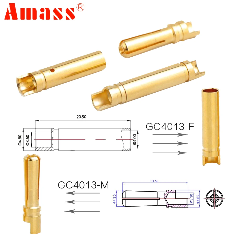 10pair/lot AMASS 4.0mm 4mm Gold Plated Bullet Connector For RC Battery ESC And Motor Helicopter Boat Quadcopter FPV Drone Toys