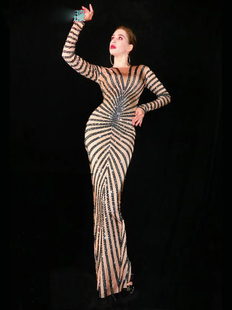 

Rhinestone anniversary stripes slim party dresses Elegant long Evening Dress sexy stage costume