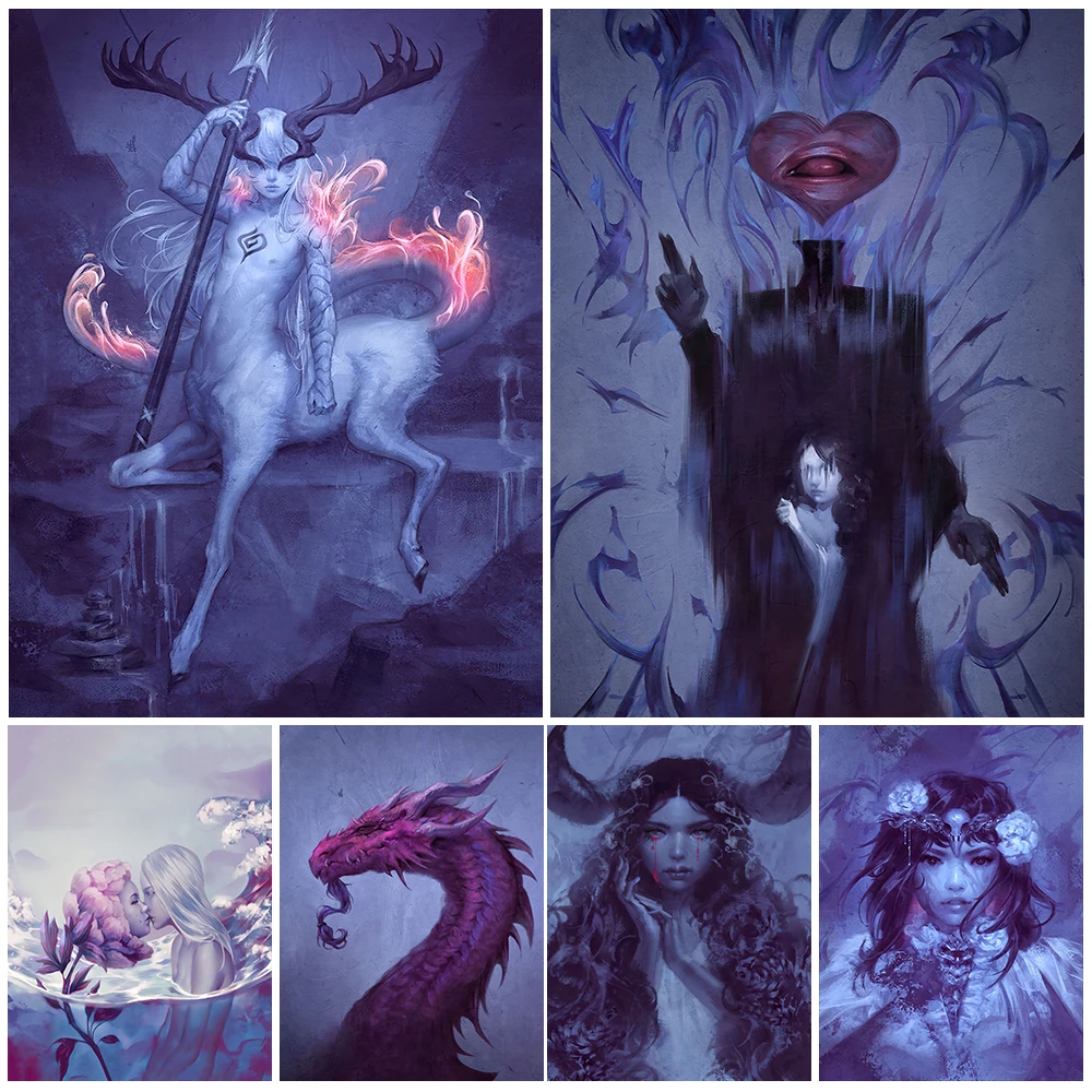 

Mythical Animals And Devil Maid Wall Art Canvas Painting Vintage Abstract Dark Wizard Warrior Witch Poster And Prints Home Decor