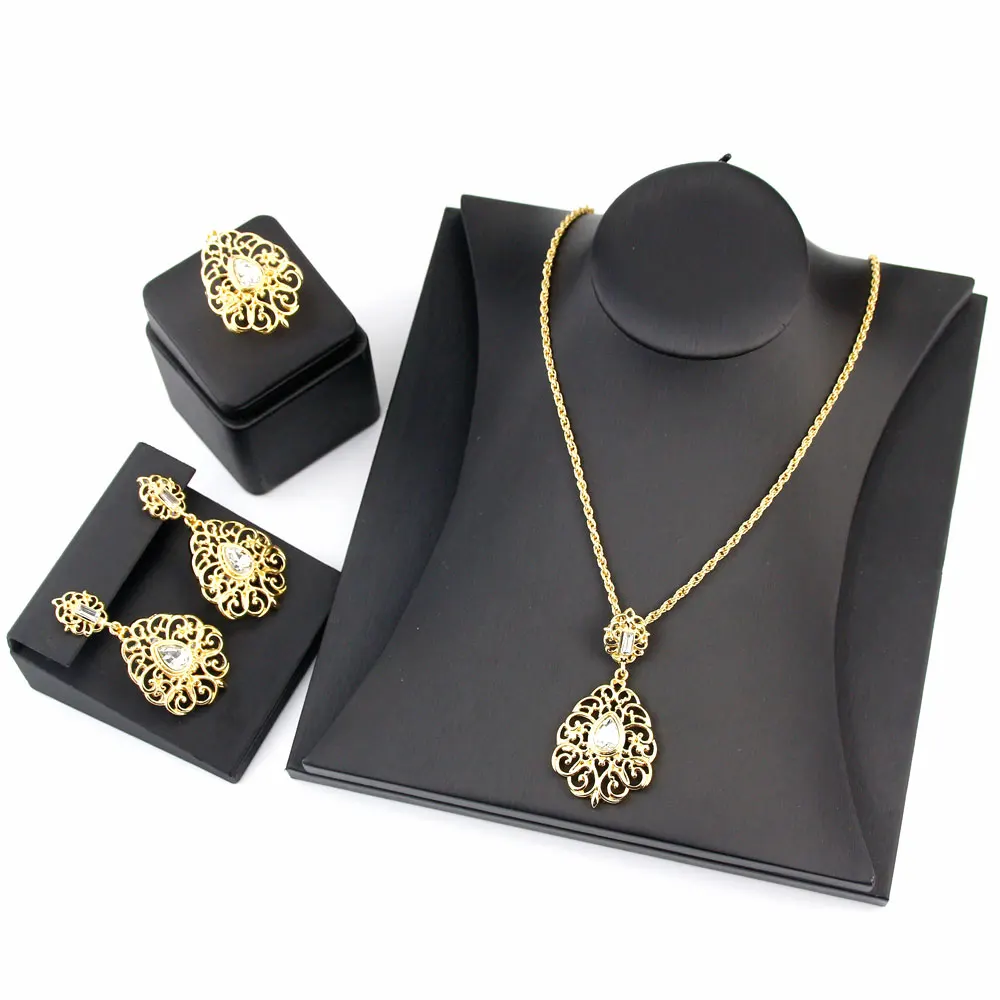 Sunspicems 18k Gold Color Algeria Morocco Jewelry Sets Drop Earring Pendant Necklace Ring For Women Arab Bride Wedding Bijoux