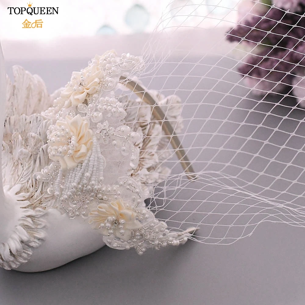 TOPQUEEN S346-WSFG Cheap Stunning Net Wedding Veil Pearl Beaed Bridal Veil Bird Cage Wedding Veils  Wedding Headwear Headpiece