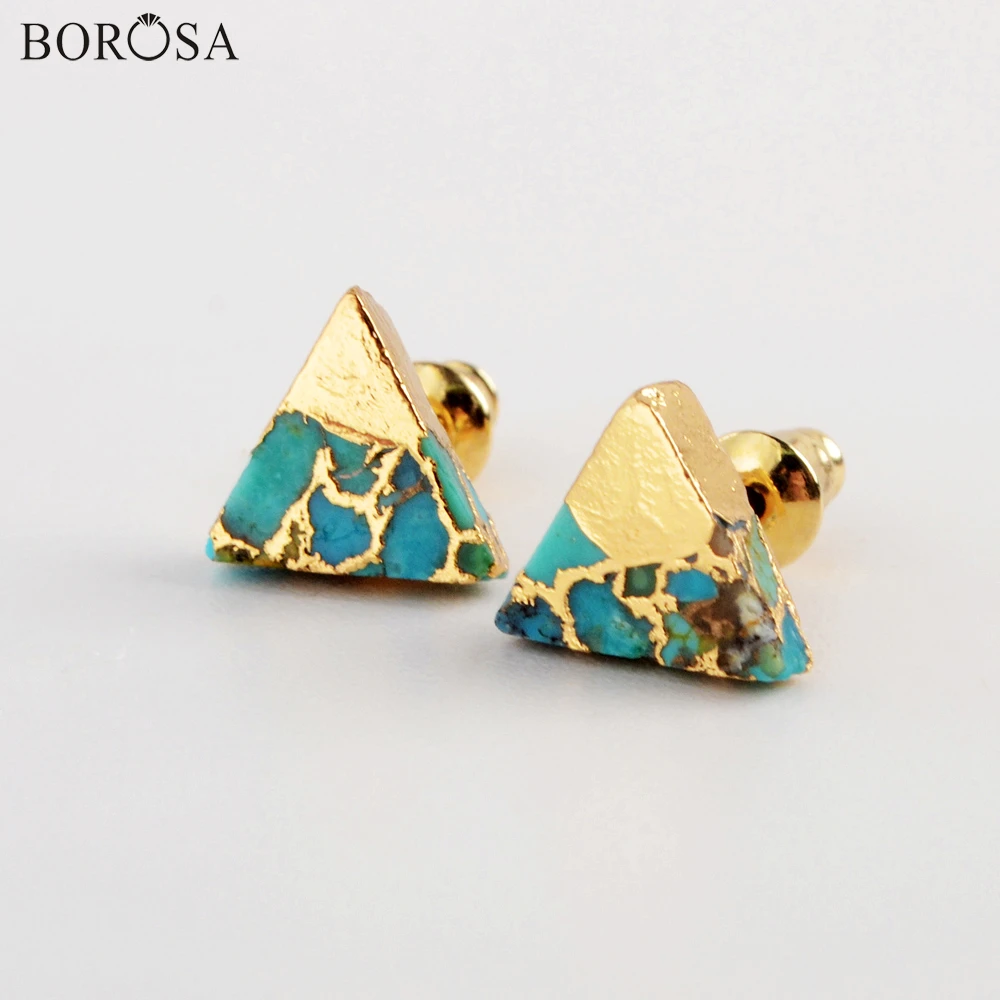 

BOROSA 5/10Pairs New Triangle Golden Plating Copper Natural Turquoises Earring High Quality Gems Stud Earrings for Women G1986