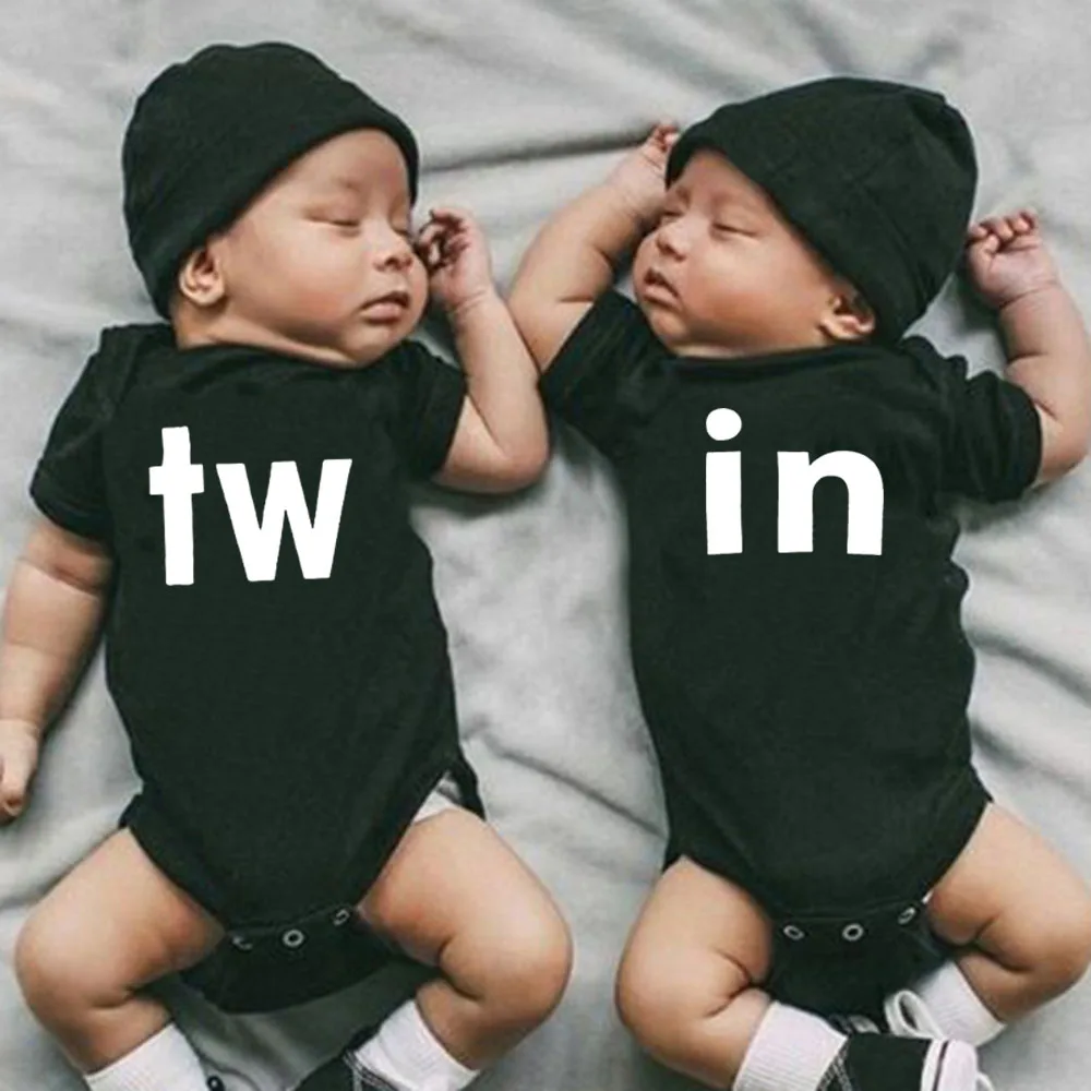 TW & IN Letter Print Newborn Infant Baby Boys Girls Black Bodysuit Twins Romper Jumpsuit Outfits Hipster Baby Clothes 0-24M