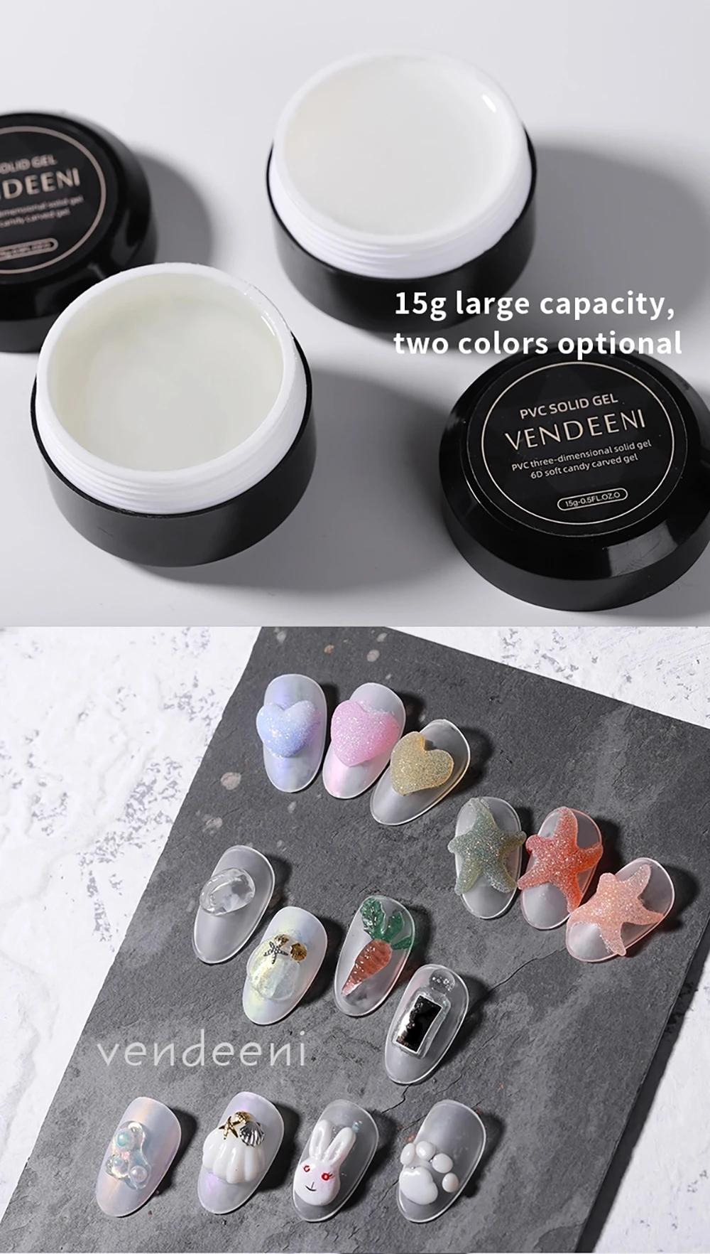 Vendeeni 3D-Modellierung Stereoskopisch Geschnitzter Gel-Nagellack Weiß/Transparent DIY Nagelkunst Skulptur Gel-Lack Nicht Klebend Weiches Festes Gel 15g – Detail 2