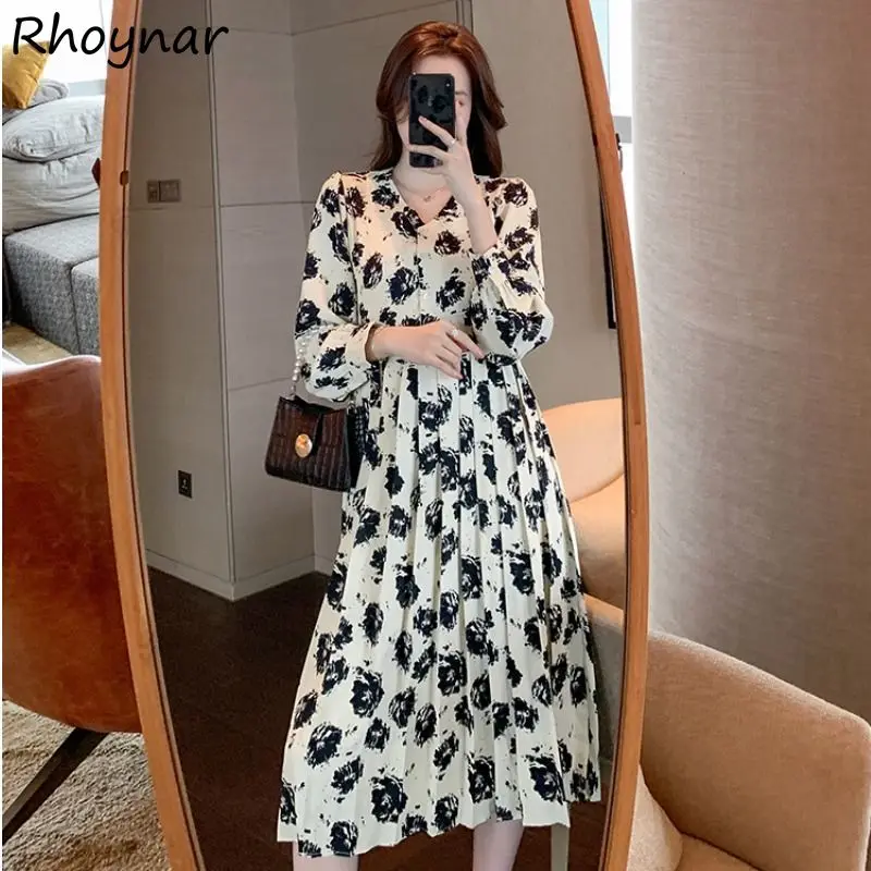 

Long Sleeve Dresses Women V-Neck Temperament High Waist Pleated Baggy Stylish Popular Chic Korean Style Spring Autumn All-match