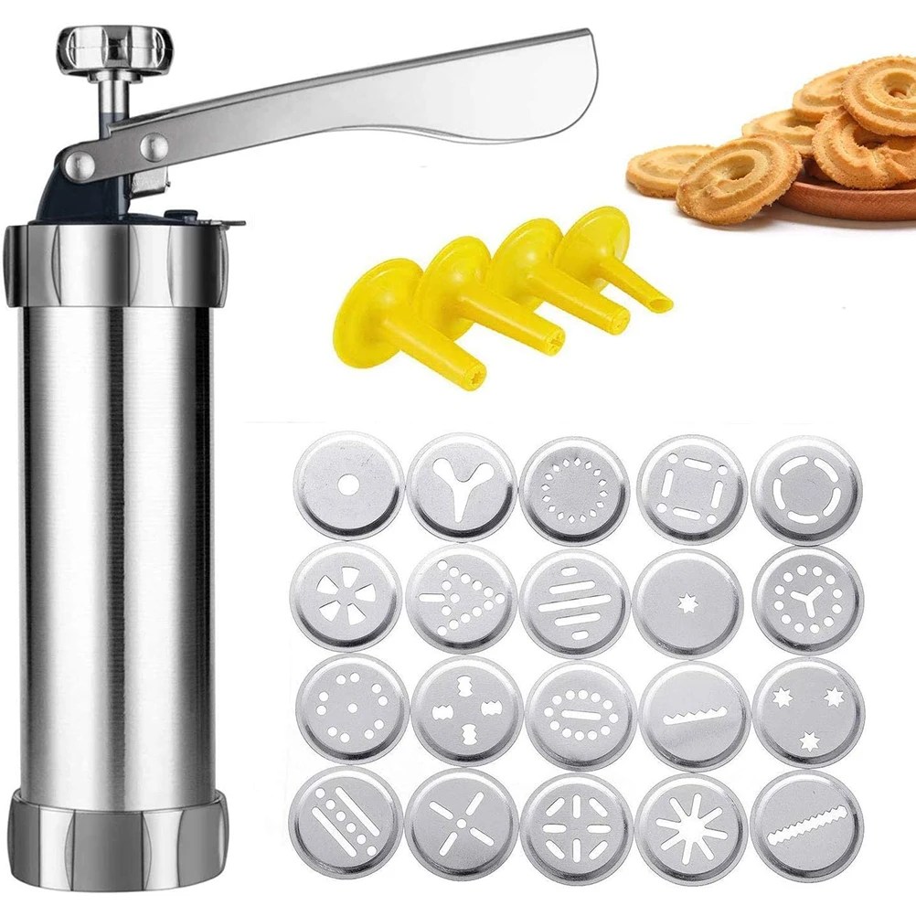 Stainless Steel Biscuit Extruder Press Cookie Gun Kit Set with 20 Cookie Discs 4 Nozzles Baking Tool Cake Decorating Tool