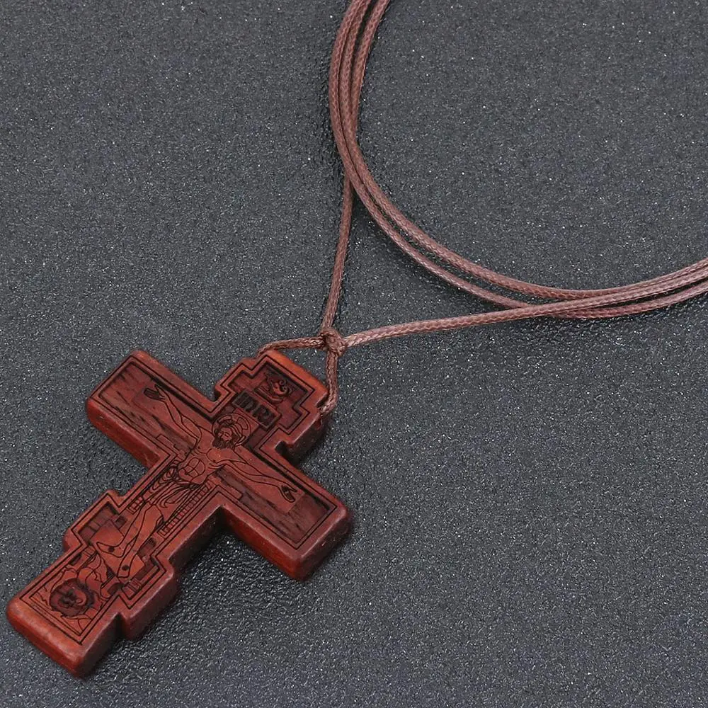 Orthodox Natural Wooden Umbila Crucifix Cross Jesus Pendant Necklaces Adjustable Leather Rope Chains Necklaces Jewelry