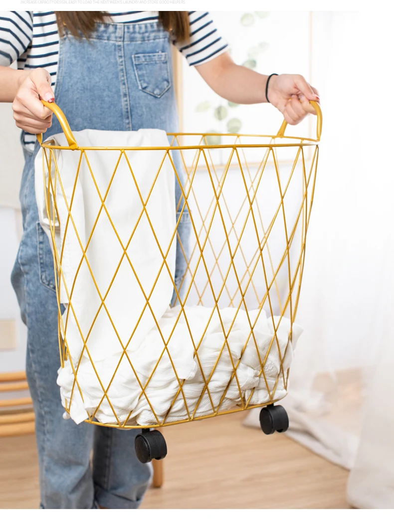 High Quality Golden Metal Gold Hollow Stylish Dirty Clothes Storage Handle Laundry Basket Home Creative Organizer with Wheel