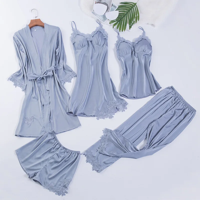 V-Neck Nightgown Sleep Set Navy Blue Womens Nightwear Lace Pajamas Strap Sleepwear Robe Gown Lounge Sleeveless Nighties