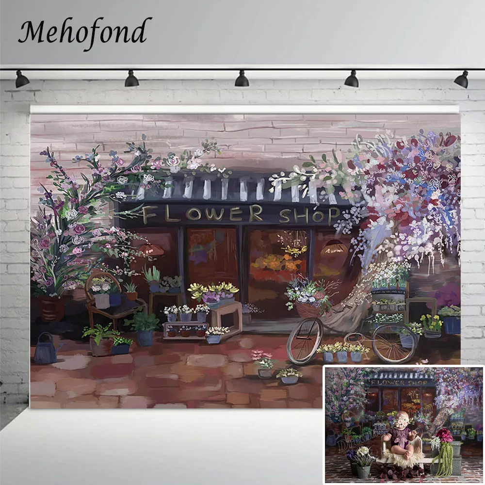 

Flower Shop Background For Photography Oil Painting Street Store Brick Floor Girl Portrait Birthday Backdrop Photo Studio Decor