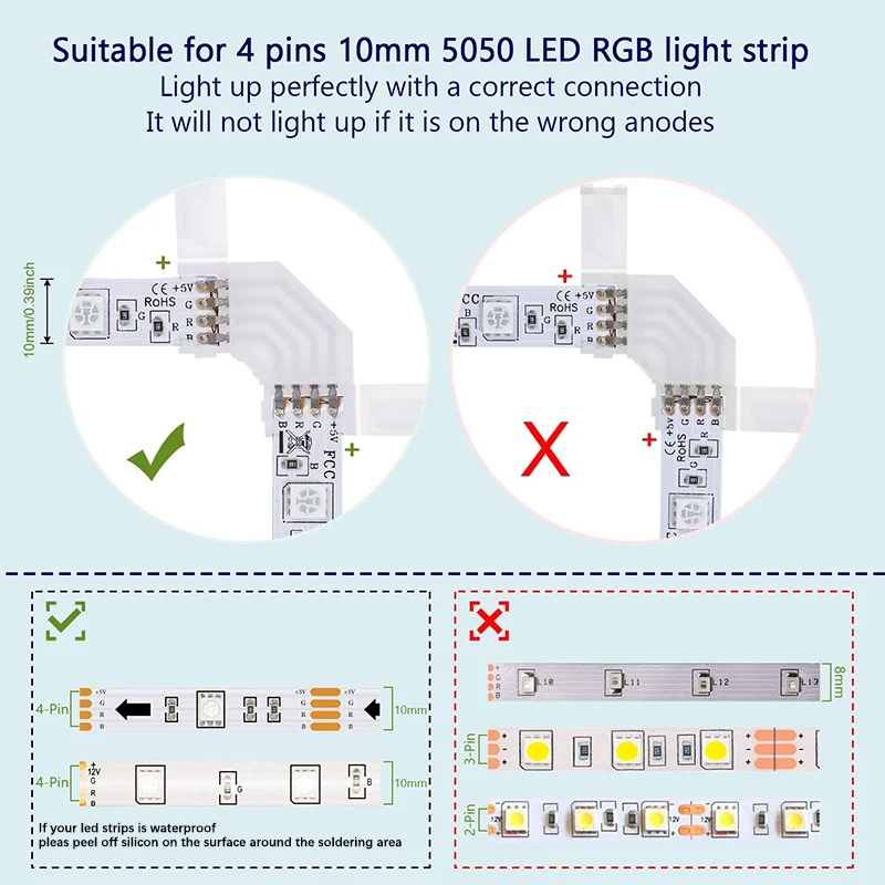 NEW Design L Shape 4Pin RGB Solderless LED Light Strip Tape 90 Degree Right Angle Corner Connectors for 10mm5050 RGB LED Strips