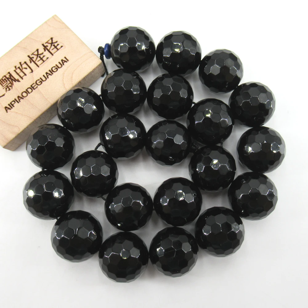 APDGG Natural Faceted Black Onyx 18mm Round Beads Semi Precious Gemstone 15