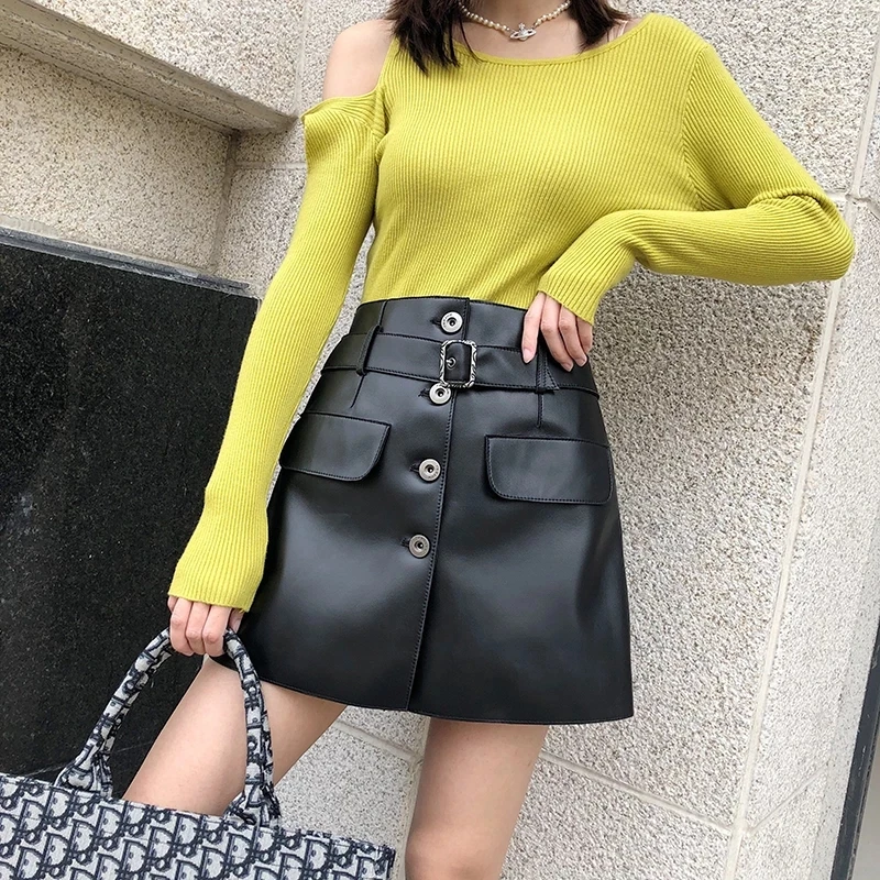 

Lady Genuine Leather Trousers Women Korean Elastic Waist Green Loose Shorts Skirt Femme Vintage Button Belt Culottes Sexy Hakam