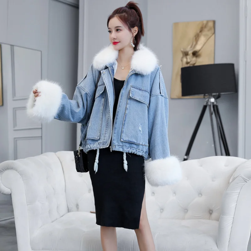 Winter Short Denim Jacket Coat Women New Korean Fashion Loose Thick Large Fur Collar Solid Color Outerwear