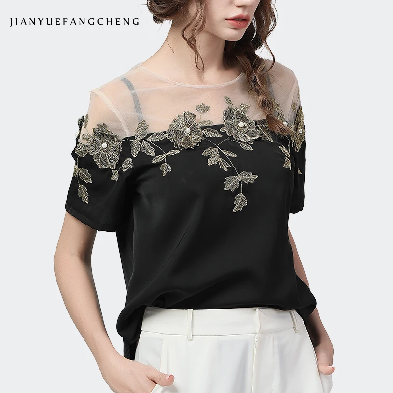 Fashion Handmade Embroidered Black Satin Blouse Women See Through Mesh O-neck Tops Loose Thin Short Sleeve Female Summer Tops