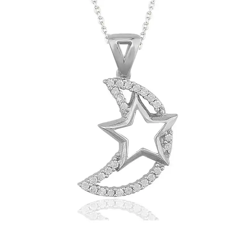 Silver Moon Star Women 'S Necklace Zircon Stone 925 Sterling Women Fine Jewelry Wedding Party Birthday Gift - Box - Pendant - Chain Choker - Female - Ladies - Fashion