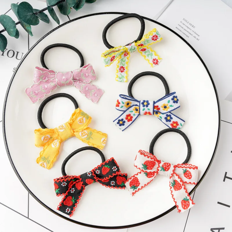 2021 New Children's Bow Hair Rope National Wind Embroidery Cute Small Crushed Strawberry Multi-color Hair Ring Head Rope