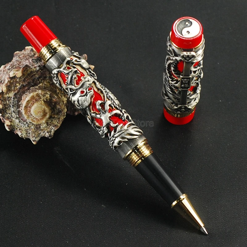 

Jinhao Design Dragon Phoenix Rollerball Pen, Metal Carving Embossing Heavy Pen, Noble Gray & Red For Portable Rollerball Pen