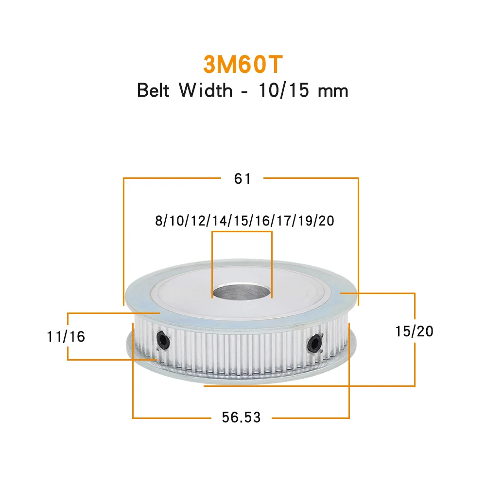 3M-60T Timing Pulley Bore Size 8/10/12/14/15/16/17/19 mm electric Motor Pulley Alloy Material For Width 10/15 mm 3M Timing Belt