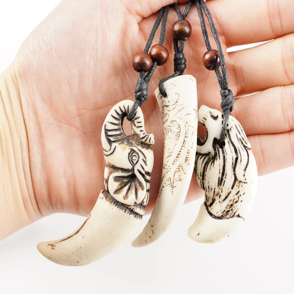 Cool Bone Carved Lion Tooth Wolf Teeth Charms Pendant Resin Necklaces For Women Men Elephant Pendent Wood Beads Amulet Gift