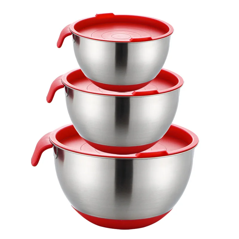 Stainless Steel Salad Mixing Bowl with Scale Non-Slip Silicone Lid Base Egg Beater Fruit Bowls Food Container Kitchen Utensils