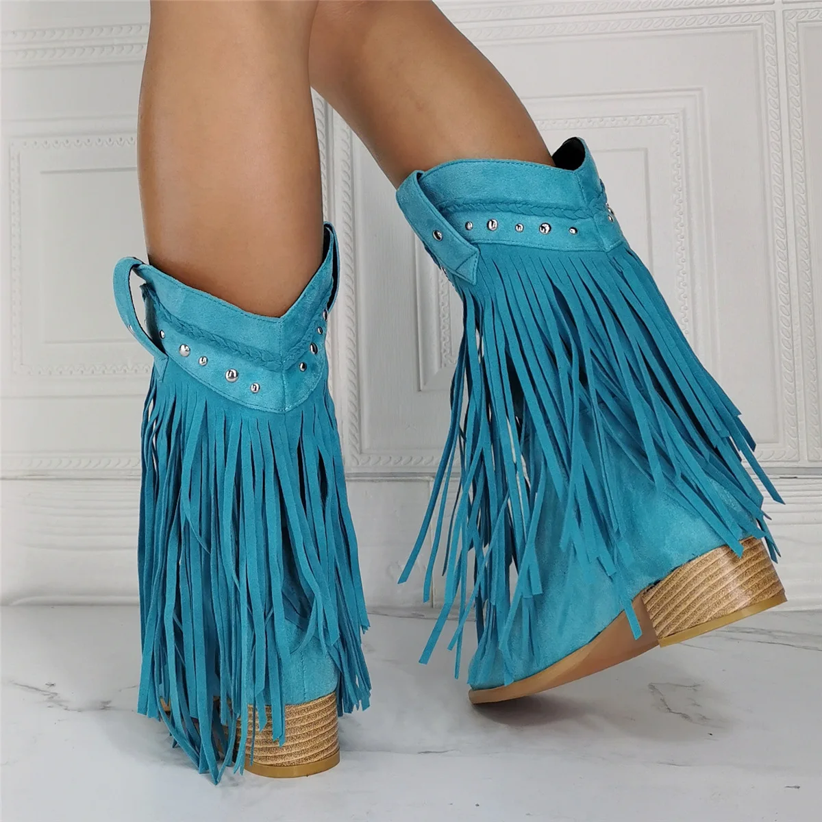 Western Women Fringe Mid Calf Cowboy Boots Blue Flock Chunky Wood Heels Ladies Causal Short Booties Autumn Winter Bohemia