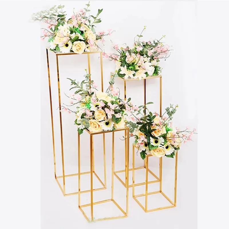 Gold Plated Cuboid Flower Stand Wedding Centerpieces Home Decoration Backdrop Shiny Metal Iron Rectangle Frame acrylic top