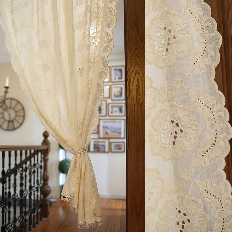 

Beige Cotton Fabric Crystal Beads American Style Rod Cabinet Door Curtain Solid Color Half Curtain Free Perforated Curtain