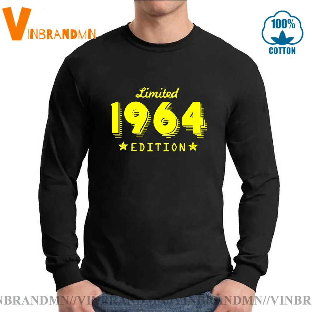 

Unisex New Fashion Long Sleeves tshirt Born in 1964 Limited Edition Gold Design Black T-SHIRT Cool Casual pride Men t shirt