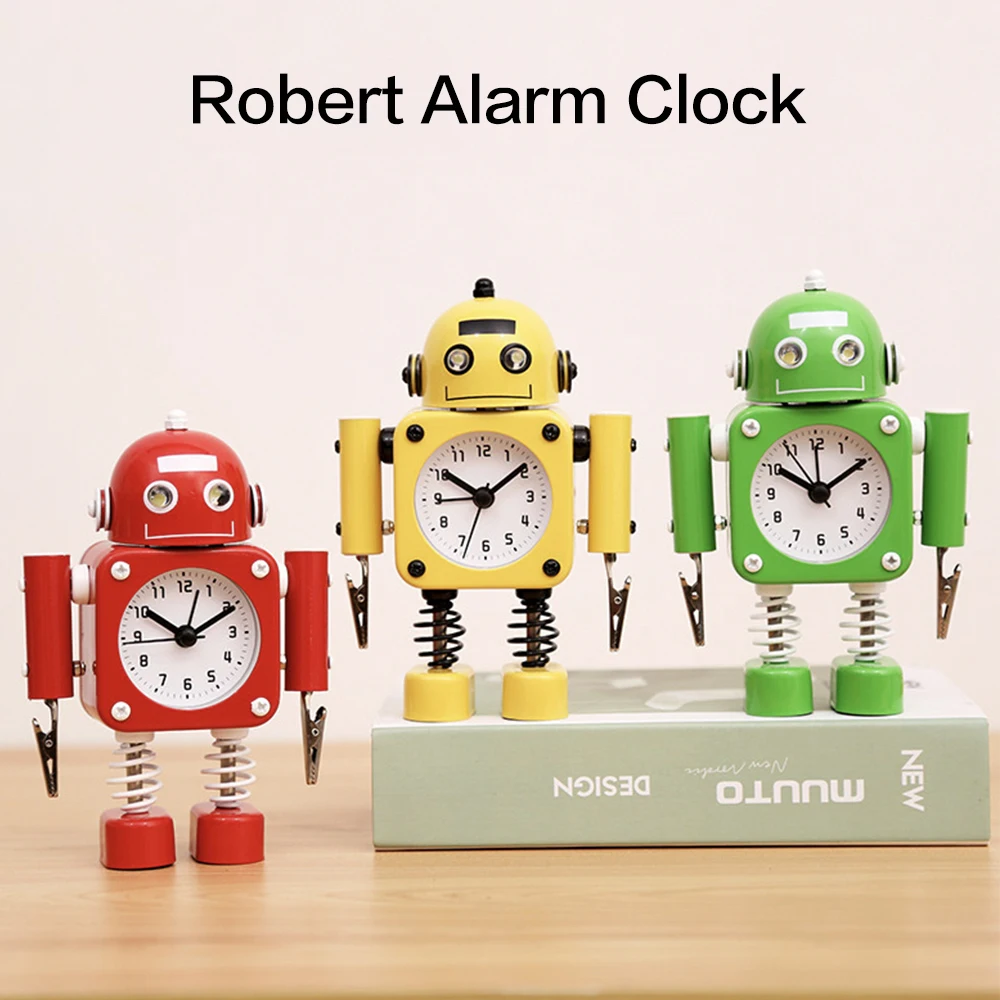 

Kids Birthday Gift Non-Ticking Silent Stainless Metal Desktop Robert Alarm Clock with Flashing Eye Lights Hand Clips for Bedroom