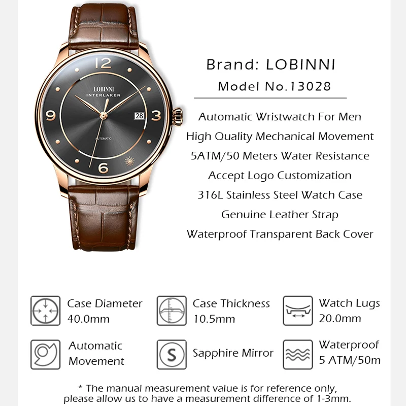 LOBINNI Nuovi orologi eleganti da uomo Orologio da polso meccanico automatico delle migliori marche Orologio con movimento a gabbiano Orologio impermeabile in vetro zaffiro