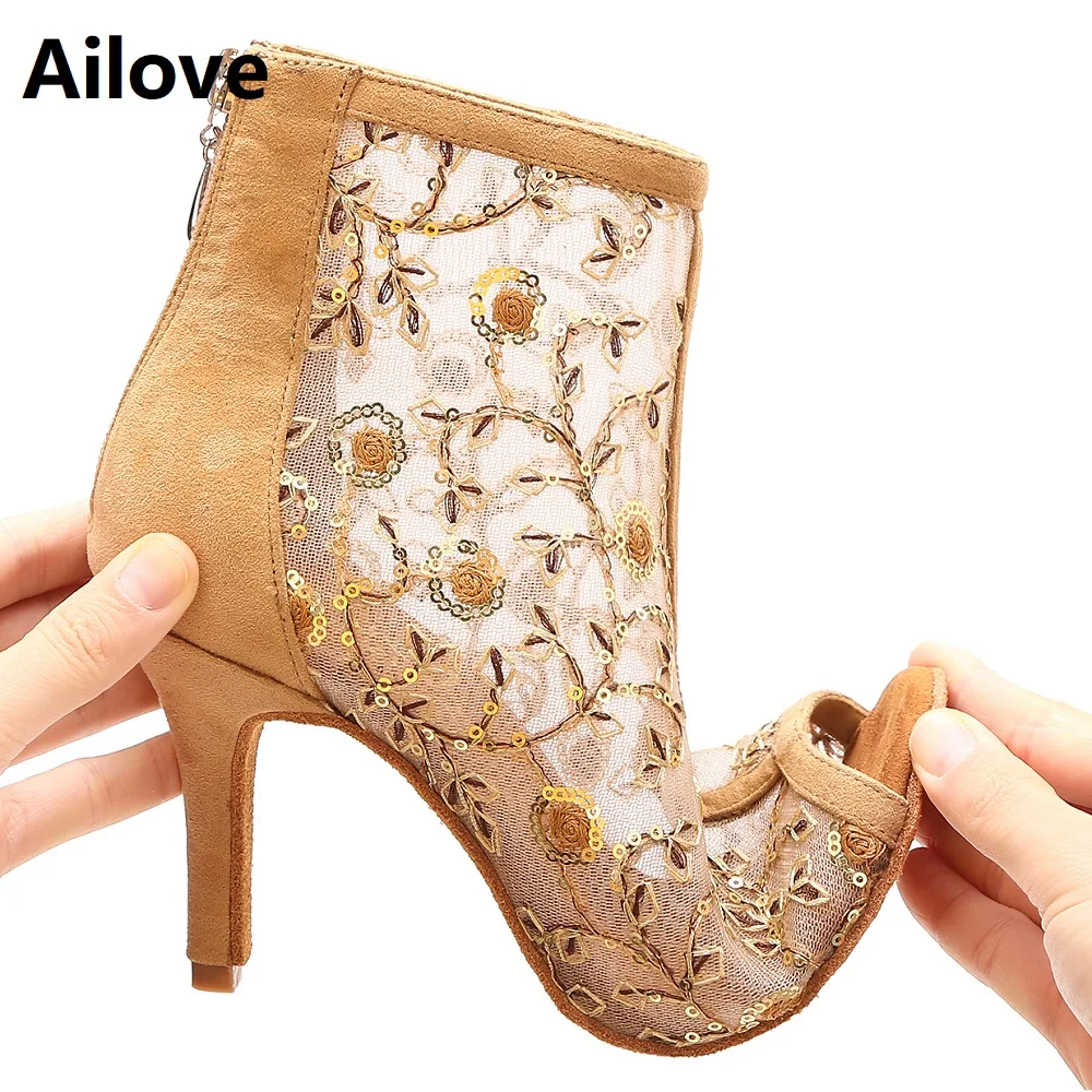 Ailove Women`s Social Ballroom Latin Salsa Dance Boots Plant Print Air-mesh Party Dancing Shoes with Bronze Flock Back Heel S057