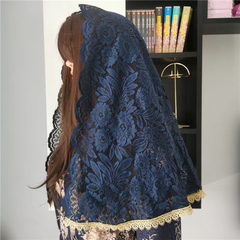 D shape Women Mantilla Catholic Veils Lace Navy Gold Appiques Head Covering for Church Latin Mass Traditional Head scarf Small