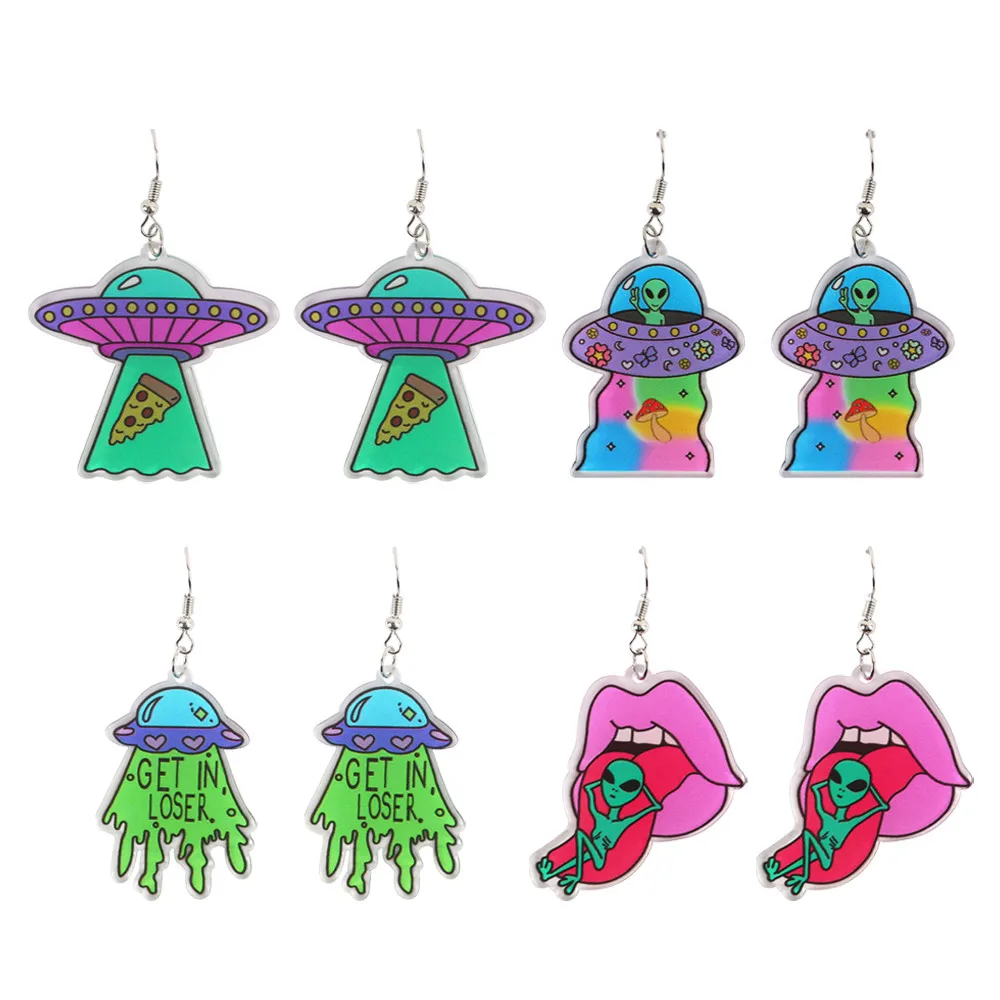 New Creative Punk Acrylic Alien UFO Drop Earrings For Women Girls Printting Long Dangle Earrings Fashion Party Jewelry Gifts