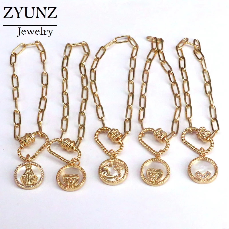 6PCS, Carabiner Shell Bracelet, CZ Micro Pave Mother of Pearl Charms Bracelet, Oval Clasp Bracelet, Punk Chain Link Bracelets